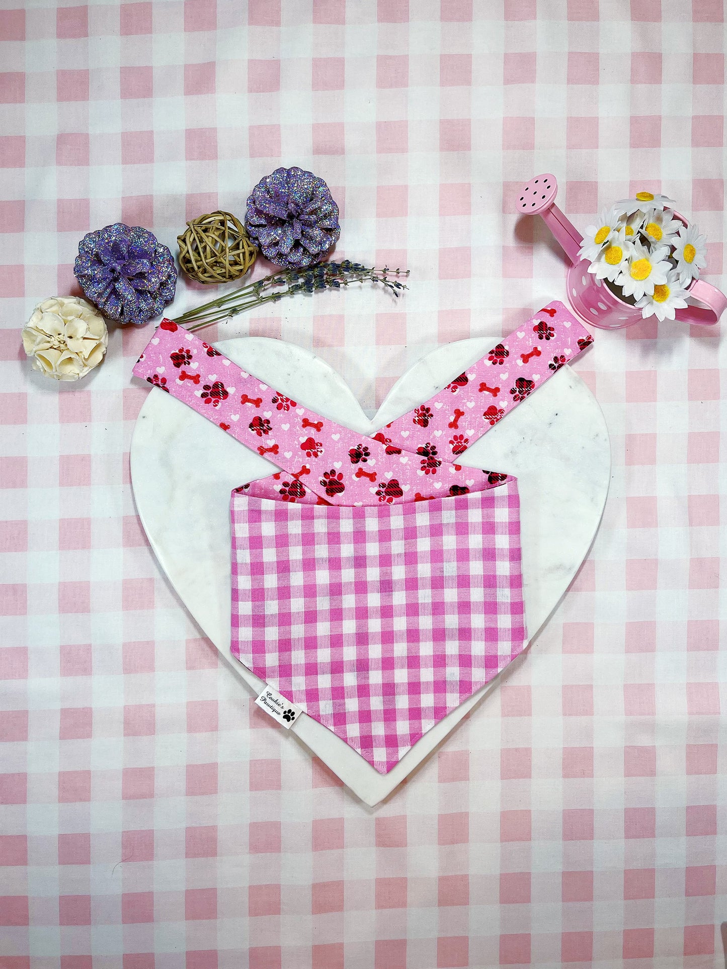 Little Dog Paw With Bone And Pink Plaid Bandana