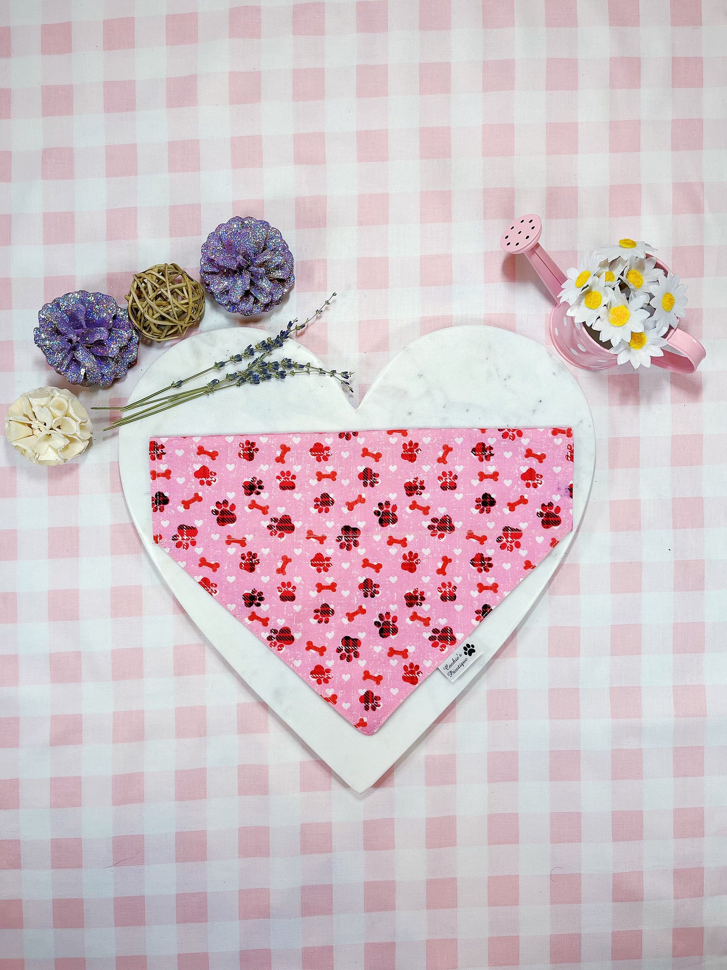 Little Dog Paw With Bone And Pink Plaid Bandana